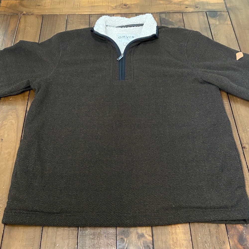 Orvis Mens Large Brown Waffle Knit Quarter Zip Faux Shearling Lined Pullover